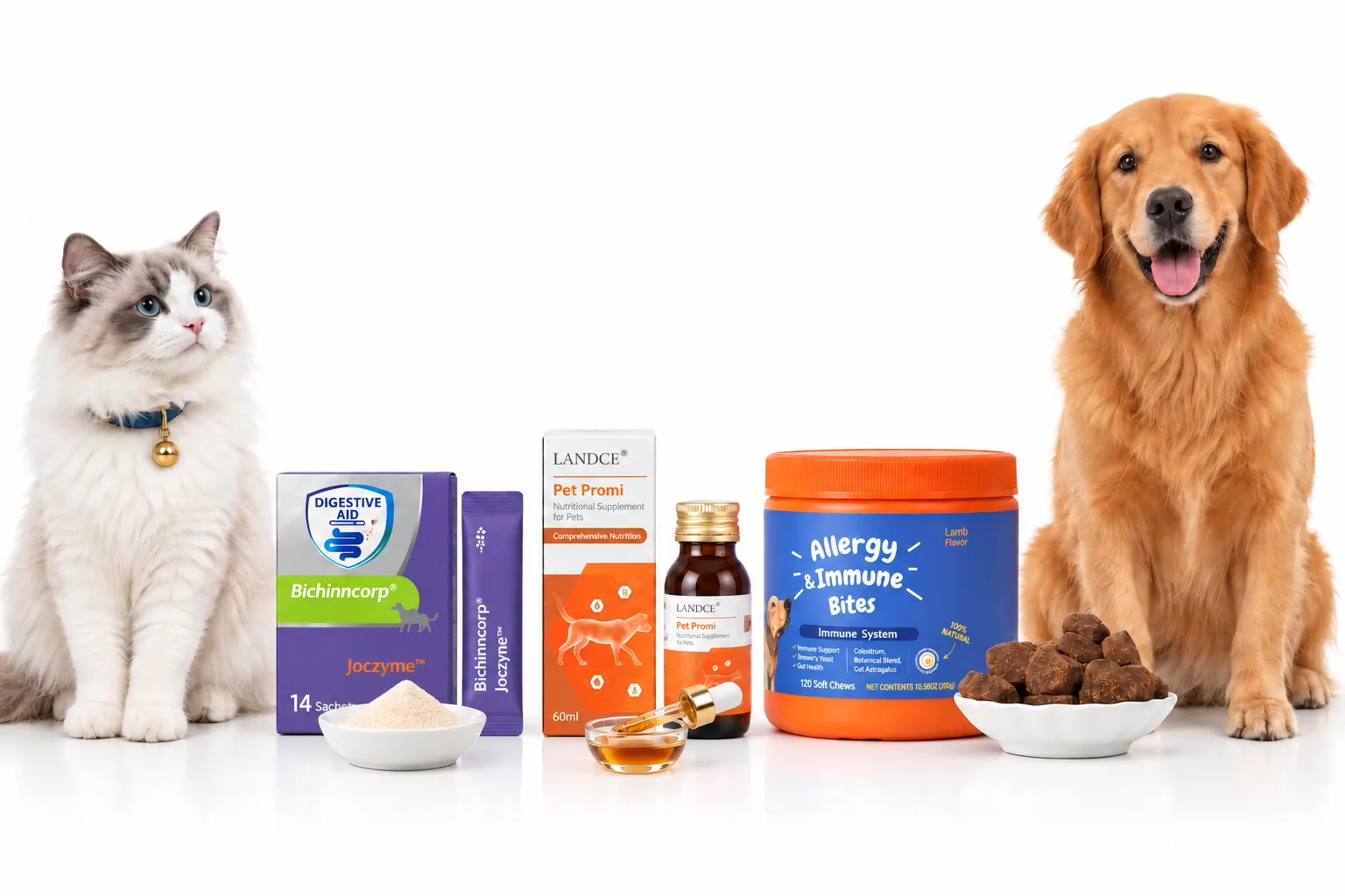 LANDCE powder, liquid and soft chew pet nutrition formats with a cat and golden retriever